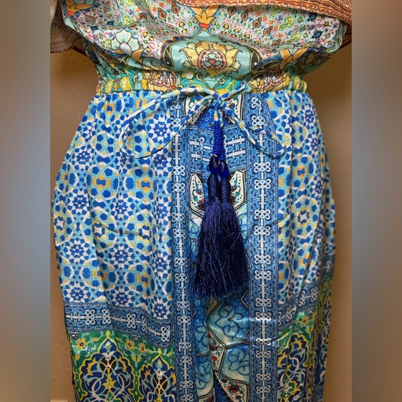 Shahida Parides‎ silk viscose strapless jumpsuit blue green pattern bohemian S/M - Picture 7 of 11